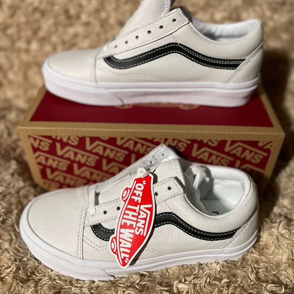 Vans Women's White and Black Leather Sneakers
